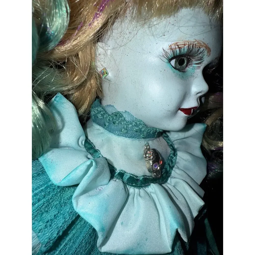 OOAK Gothic Glampire Vampire Porcelain Doll 18” Teal Lace Fang Teeth w/ Stand